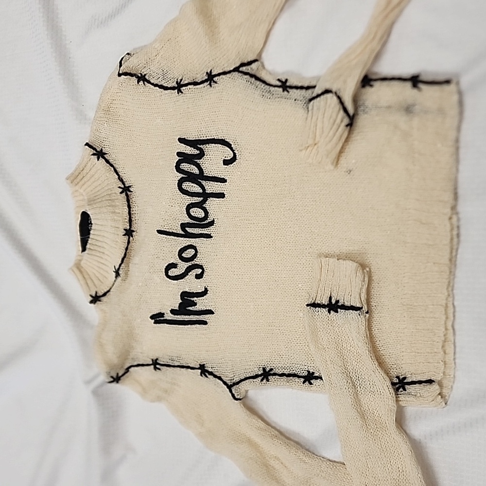 House of Sunny Cream "I'm So Happy" Knit Sweater with Black Stitching